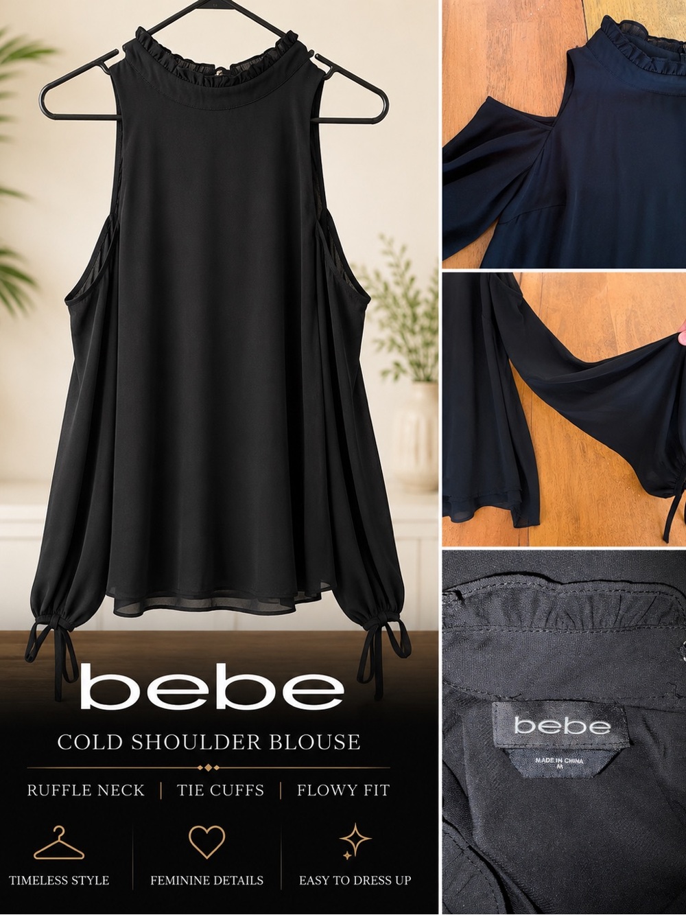EC- bebe Black Cold Shoulder Long Sleeve Blouse Tie Cuffs Ruffle Neck